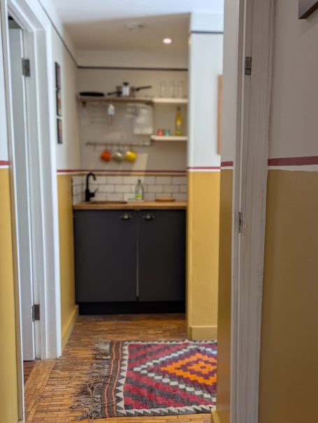 Compact but well equipped kitchenette Narrow hallway leading to a compact kitchen with shelves and a colourful rug.