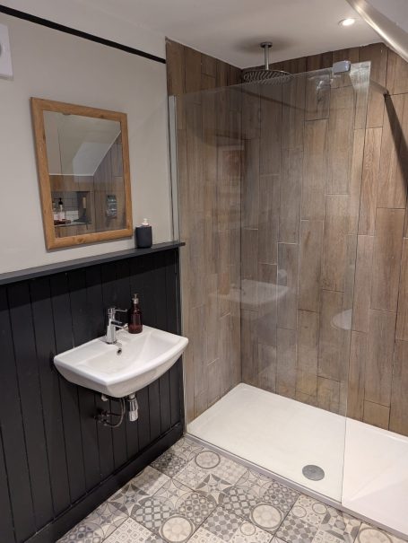 Private Bathroom Modern bathroom with a shower, sink, mirror, and decorative tiled floor.